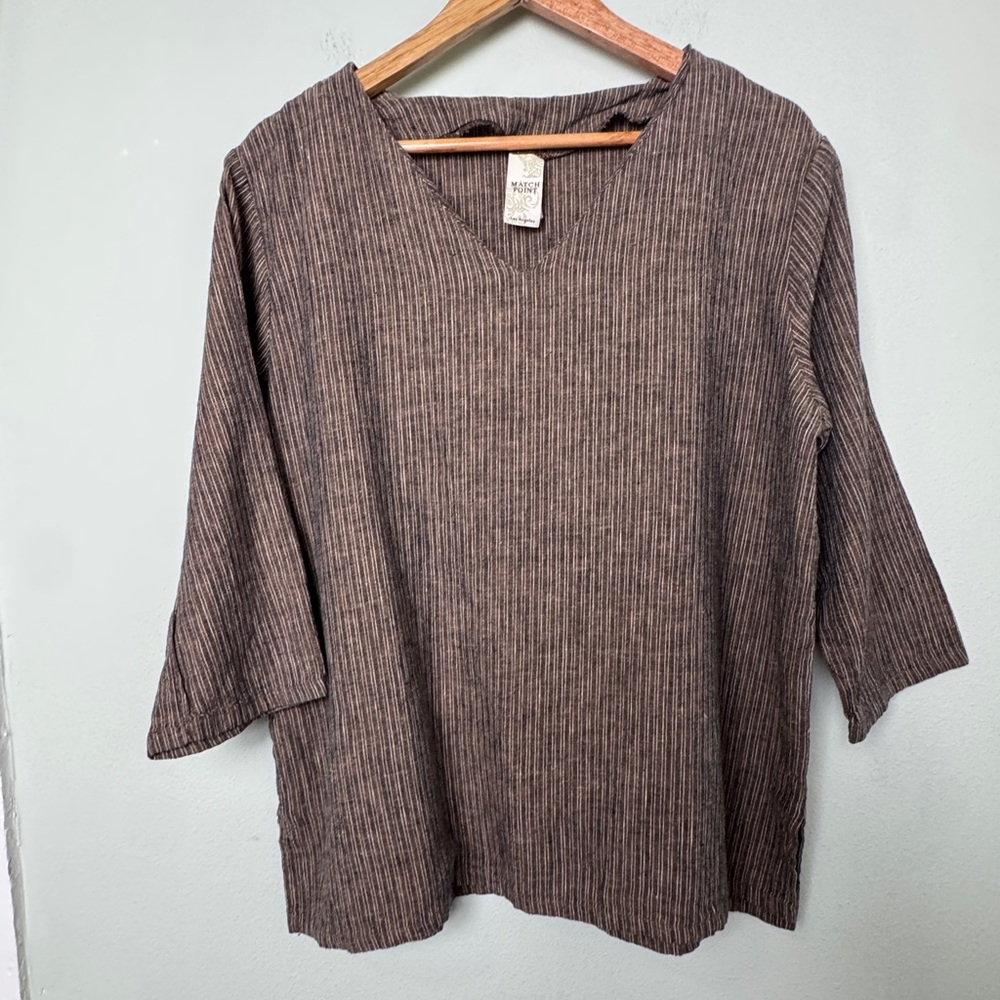 Match Point USA LINEN Brown Popover Artsy Boho Minimalist Lagenlook Blouse Top L
